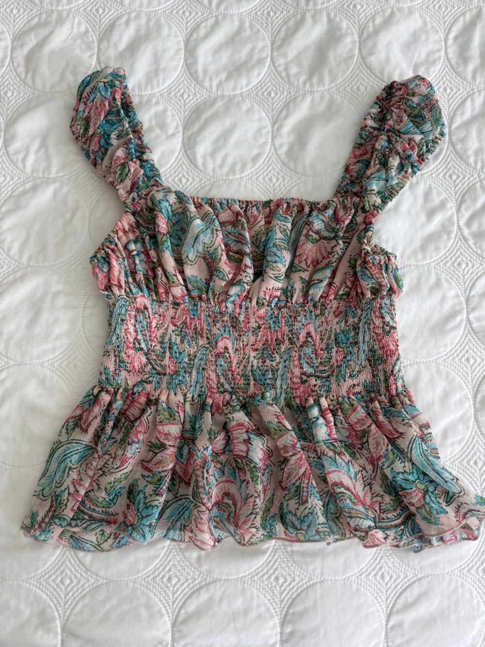 Urban Outfitters Pink & Teal Paisley Smocked Ruffle Tank